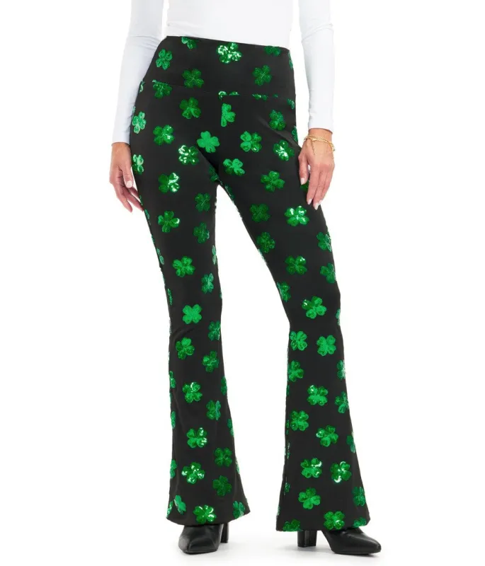 Sequin So Hard Clover Flare Leggings sold by Tipsy Elves