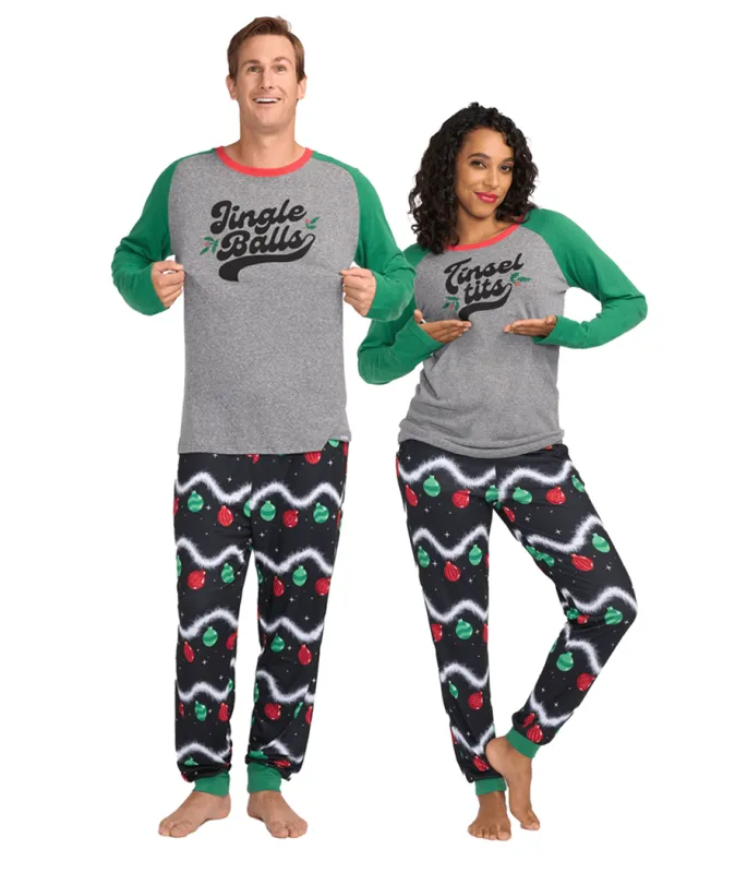 Jingle Balls & Tinsel Tits Couples Pajamas sold by Tipsy Elves
