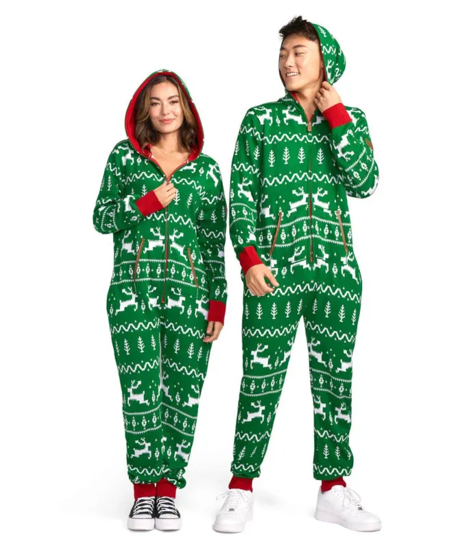 Matching Green Fair Isle Knit Couples Jumpsuits sold by Tipsy Elves