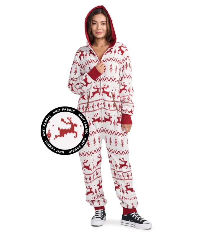 Women's Red and White Fair Isle Knit Jumpsuit made by Tipsy Elves
