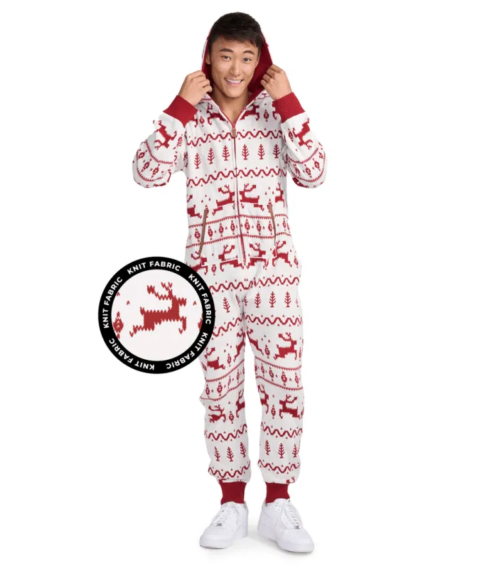 Men's Red and White Fair Isle Knit Jumpsuit sold by Tipsy Elves
