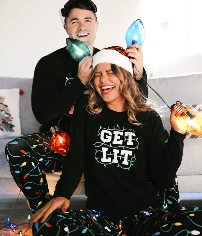 Matching Get Lit Couples Pajamas made by Tipsy Elves