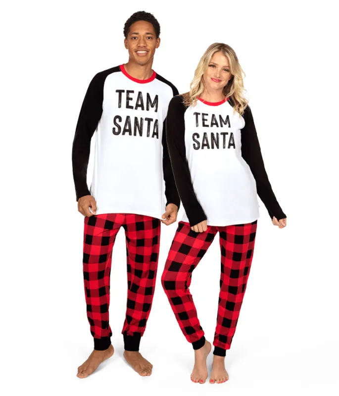 Matching Team Santa Couples Pajamas sold by Tipsy Elves