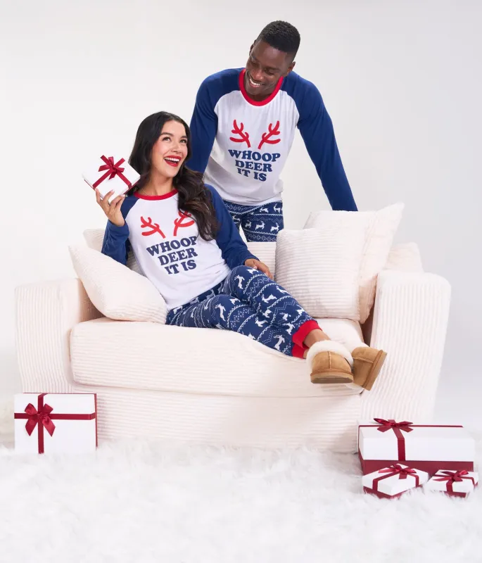 Matching Whoop Deer It Is Couples Pajamas sold by Tipsy Elves