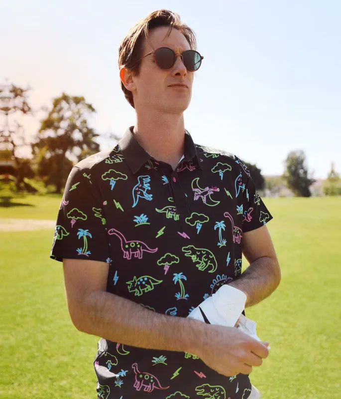 Men's Neon Dinosaur Golf Polo sold by Tipsy Elves