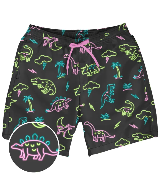 Neon Dinosaur Stretch Swim Trunks - 7.5" Inseam sold by Tipsy Elves
