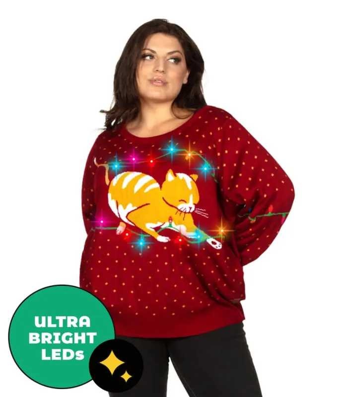Women's Cat-itude Light Up Plus Size Ugly Christmas Sweater sold by Tipsy Elves