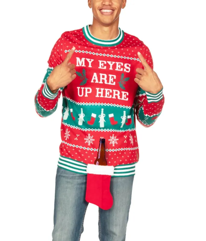 Men's My Eyes Are Up Here Ugly Christmas Sweater sold by Tipsy Elves