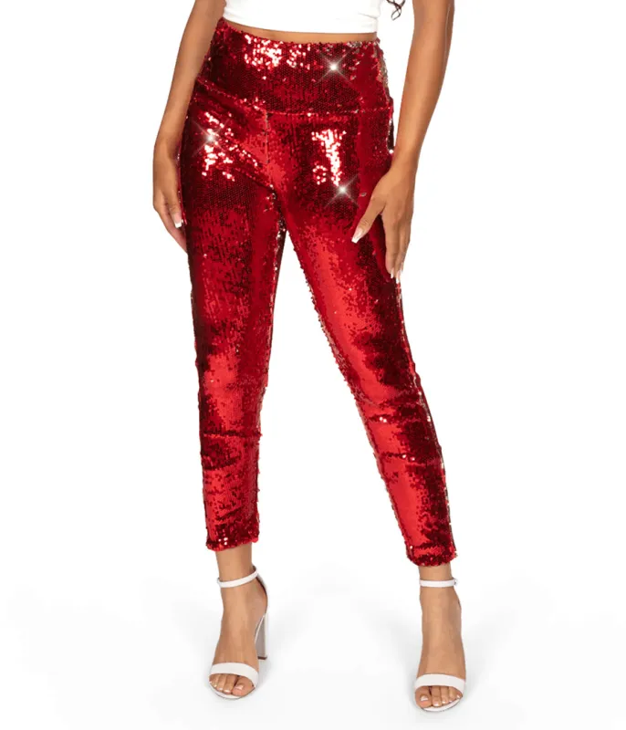 Red and Silver Reversible Sequin High Waisted Leggings made by Tipsy Elves