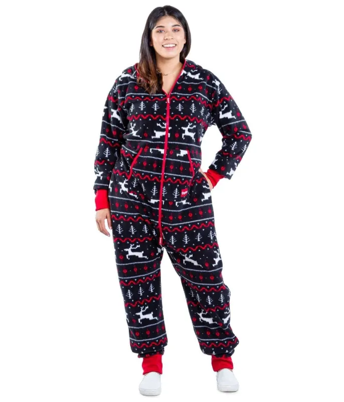 Women's Black and Red Fair Isle Plus Size Jumpsuit made by Tipsy Elves