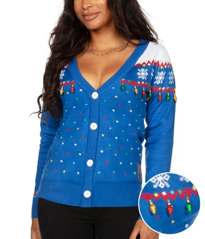 Women's Blue Christmas Lights Cardigan Sweater made by Tipsy Elves