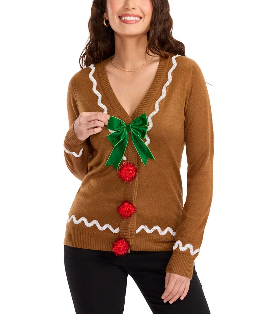Women's Gingerbread Man Ugly Christmas Cardigan Sweater sold by Tipsy Elves