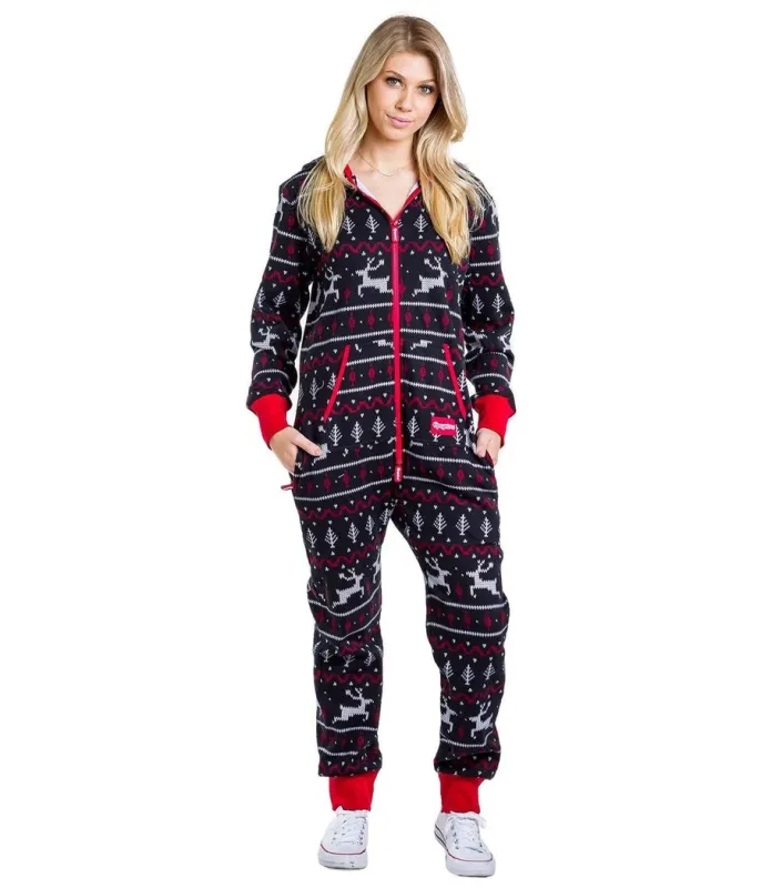 Women's Black and Red Fair Isle Jumpsuit sold by Tipsy Elves