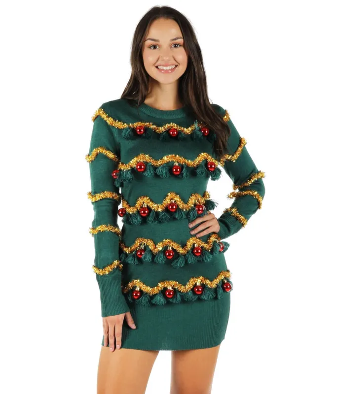 Women's Tinsel Tree Christmas Sweater Dress sold by Tipsy Elves