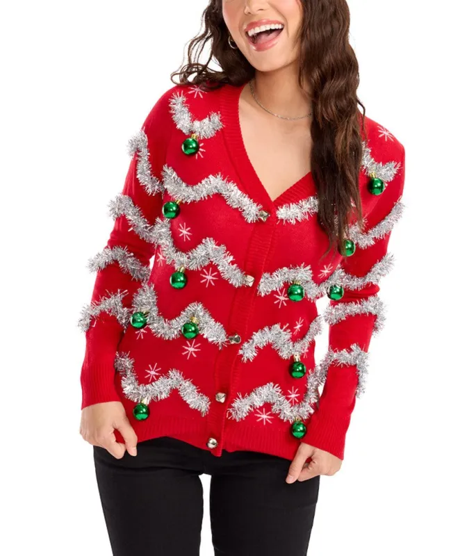 Women's Tinsel Ugly Christmas Cardigan Sweater sold by Tipsy Elves