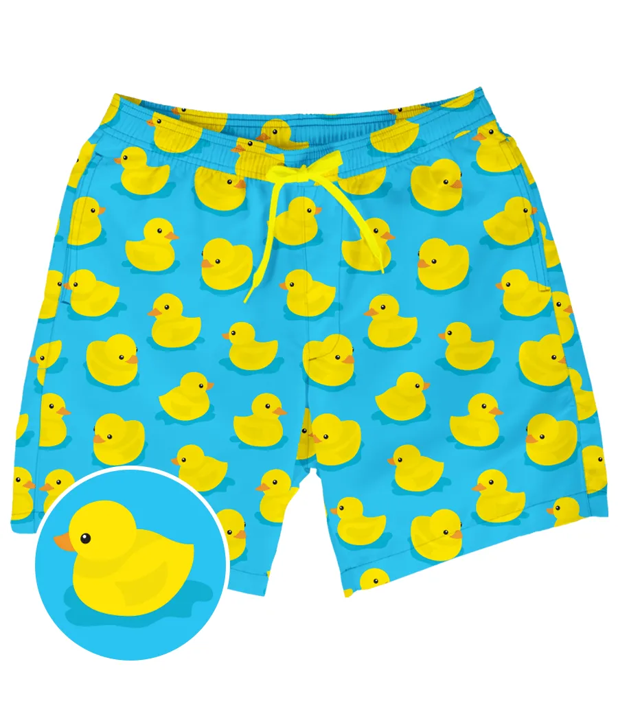 Rubber Ducky Stretch Swim Trunks - 7.5" Inseam sold by Tipsy Elves