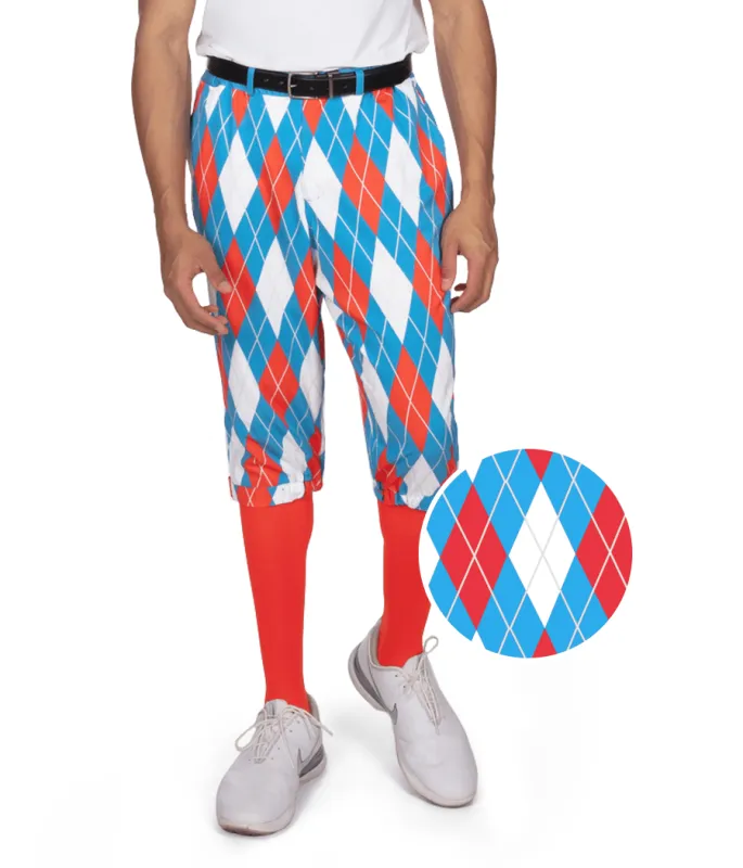 Men's American Argyle Golf Knickers with Red Golf Socks made by Tipsy Elves
