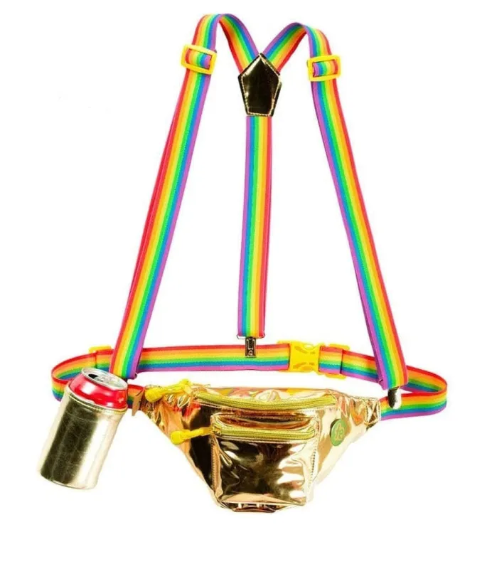 The Gold Rainbow Fanny Pack and Suspenders sold by Tipsy Elves