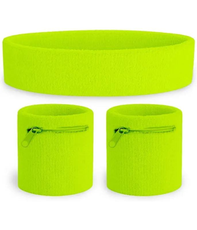 Neon Yellow Zippered Sweatband Set made by Tipsy Elves