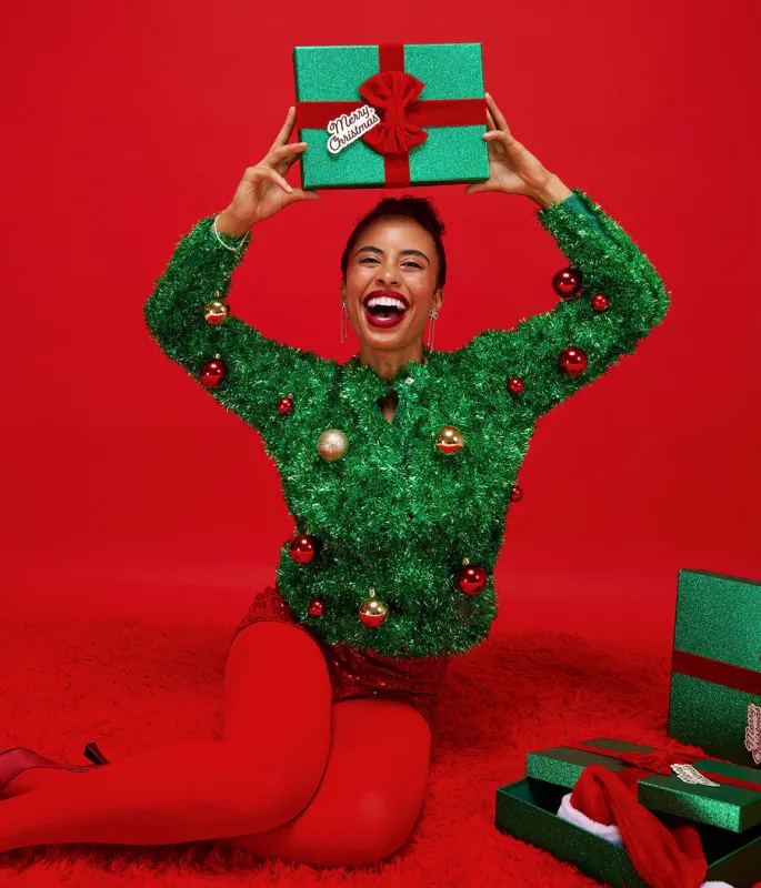Women's Bristle Babe Ugly Christmas Cardigan Sweater made by Tipsy Elves