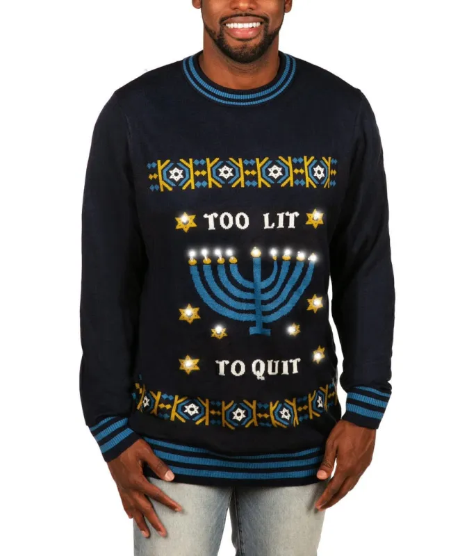 Men's Too Lit to Quit Light Up Ugly Hanukkah Sweater made by Tipsy Elves