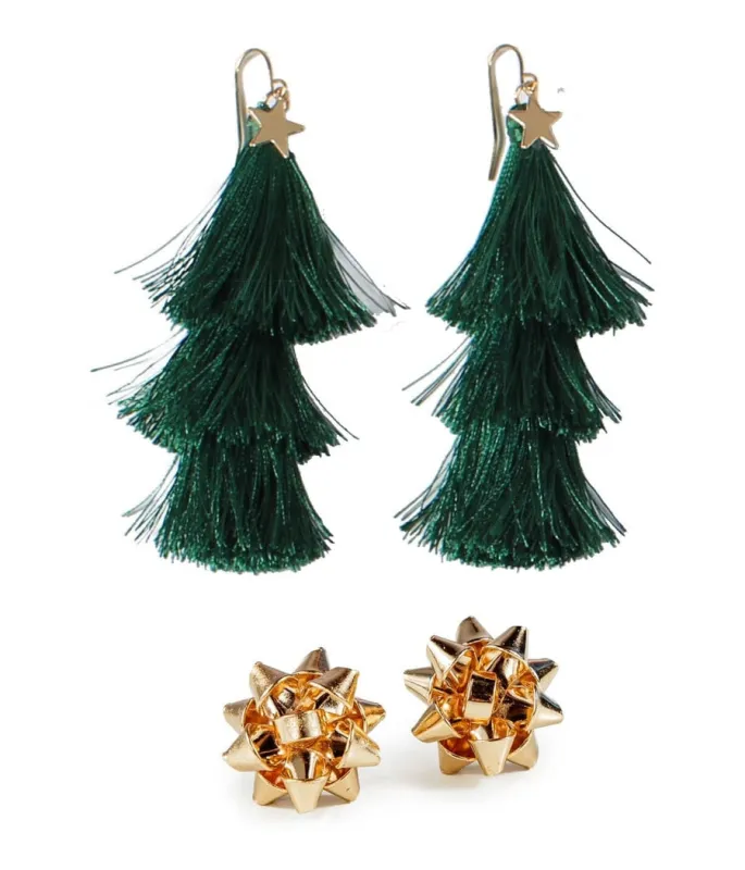 Christmas Tree Tassel Earrings + Gold Bow Post Earrings Combo made by Tipsy Elves