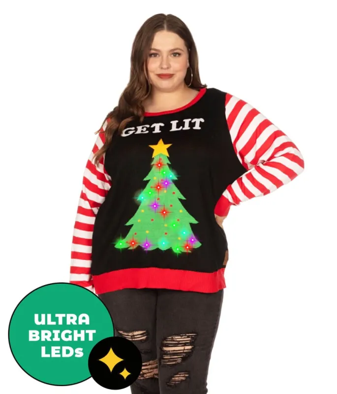 Women's Get Lit Light Up Plus Size Ugly Christmas Sweater sold by Tipsy Elves