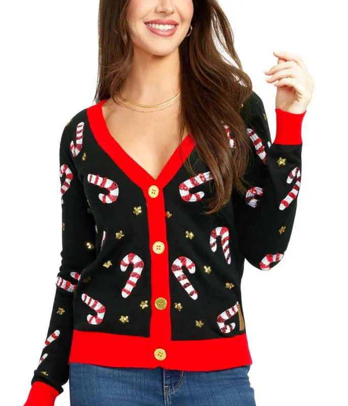 Women's Sequin Candy Cane Cardigan Sweater made by Tipsy Elves