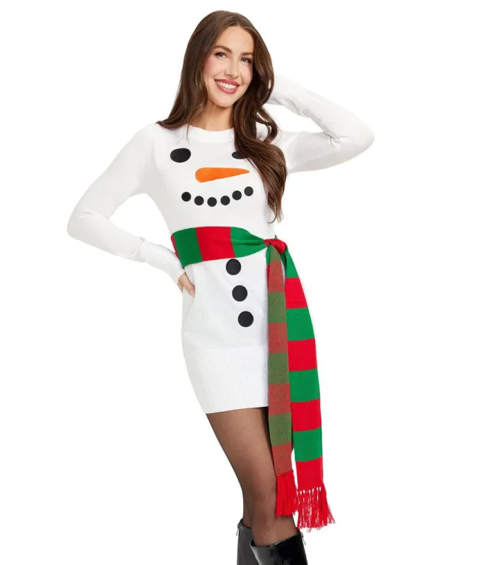 Women's Snowman Scarf Sweater Dress sold by Tipsy Elves