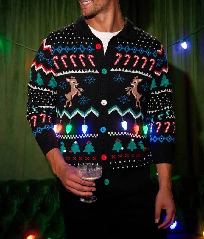 Men's Fair Isle Rudolph Light Up Christmas Cardigan Sweater sold by Tipsy Elves