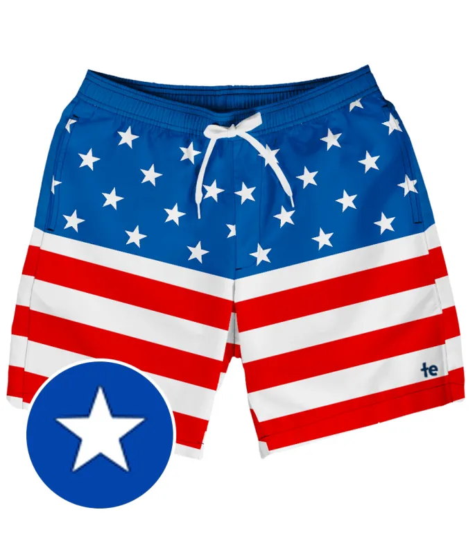 American Flag Swim Trunks - 7.5" Inseam sold by Tipsy Elves