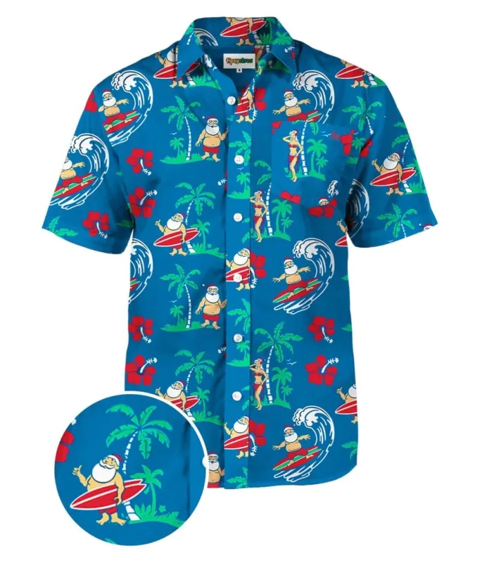 Men's Surf's Up Santa Button Down Shirt sold by Tipsy Elves