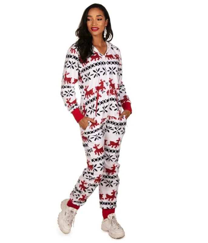 Women's Red and White Reindeer Jumpsuit made by Tipsy Elves