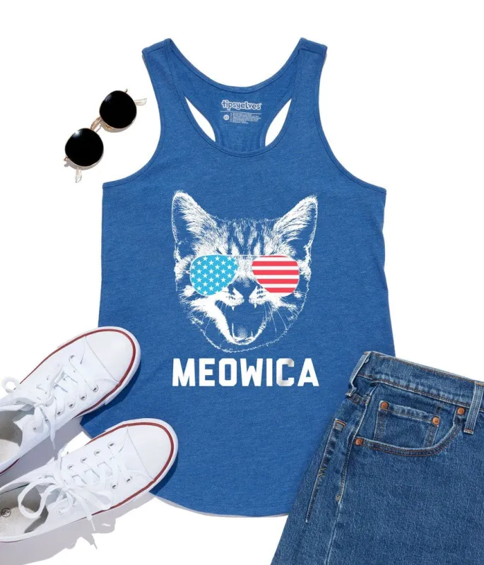 Women's Blue Meowica Tank Top made by Tipsy Elves