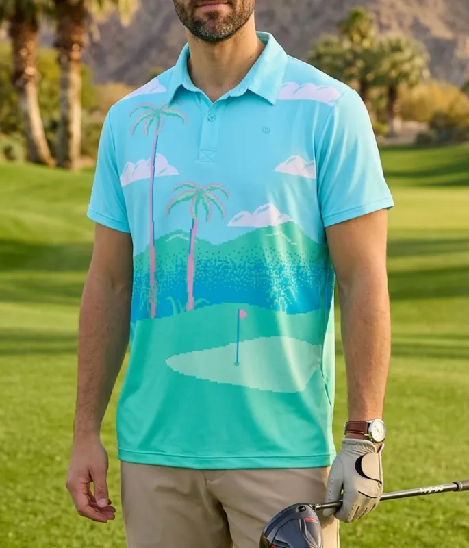 Men's 8-Bit Paradise Golf Polo made by Tipsy Elves