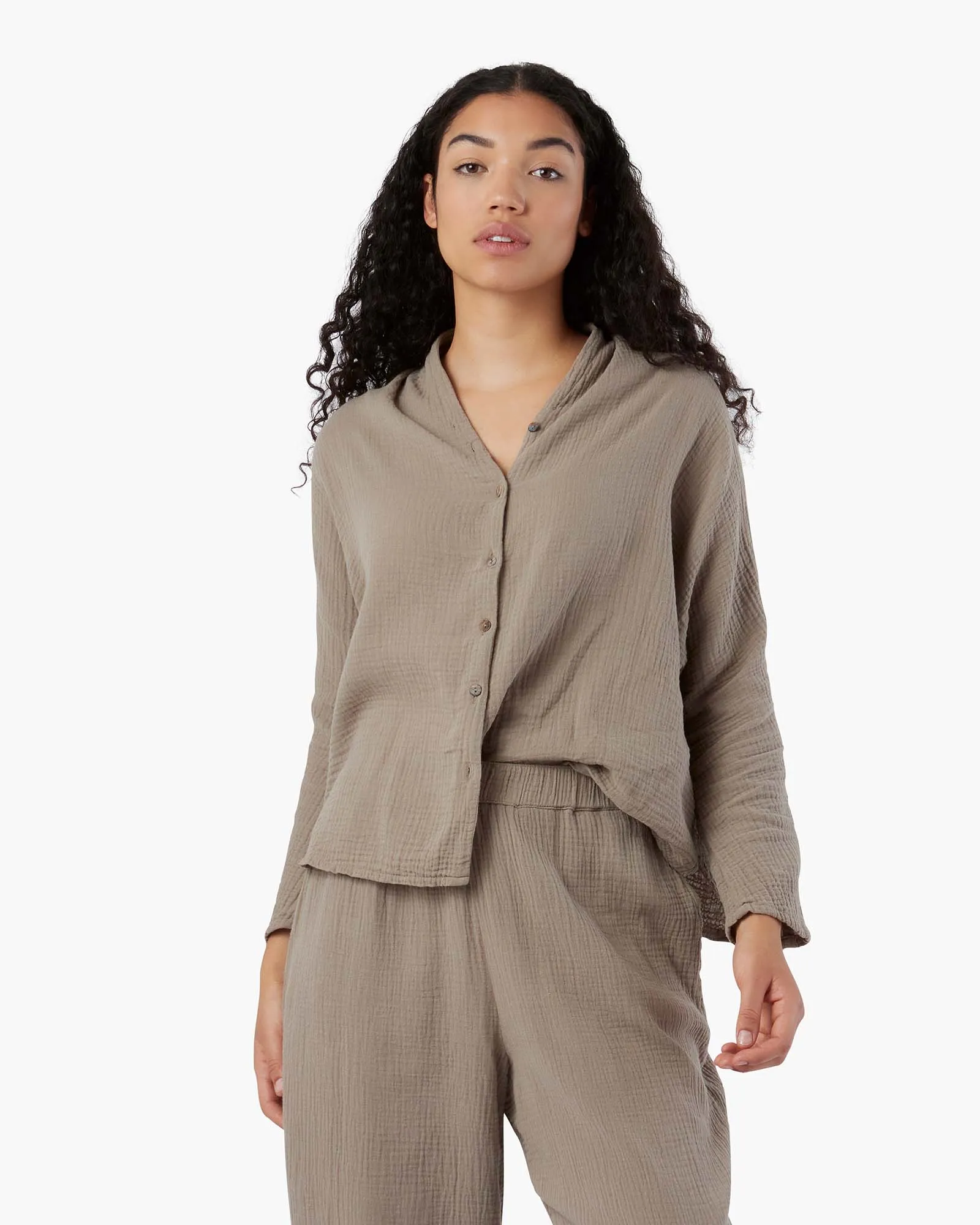 Gauze Button Up Blouse - Putty sold by TKEES product image thumbnail 2