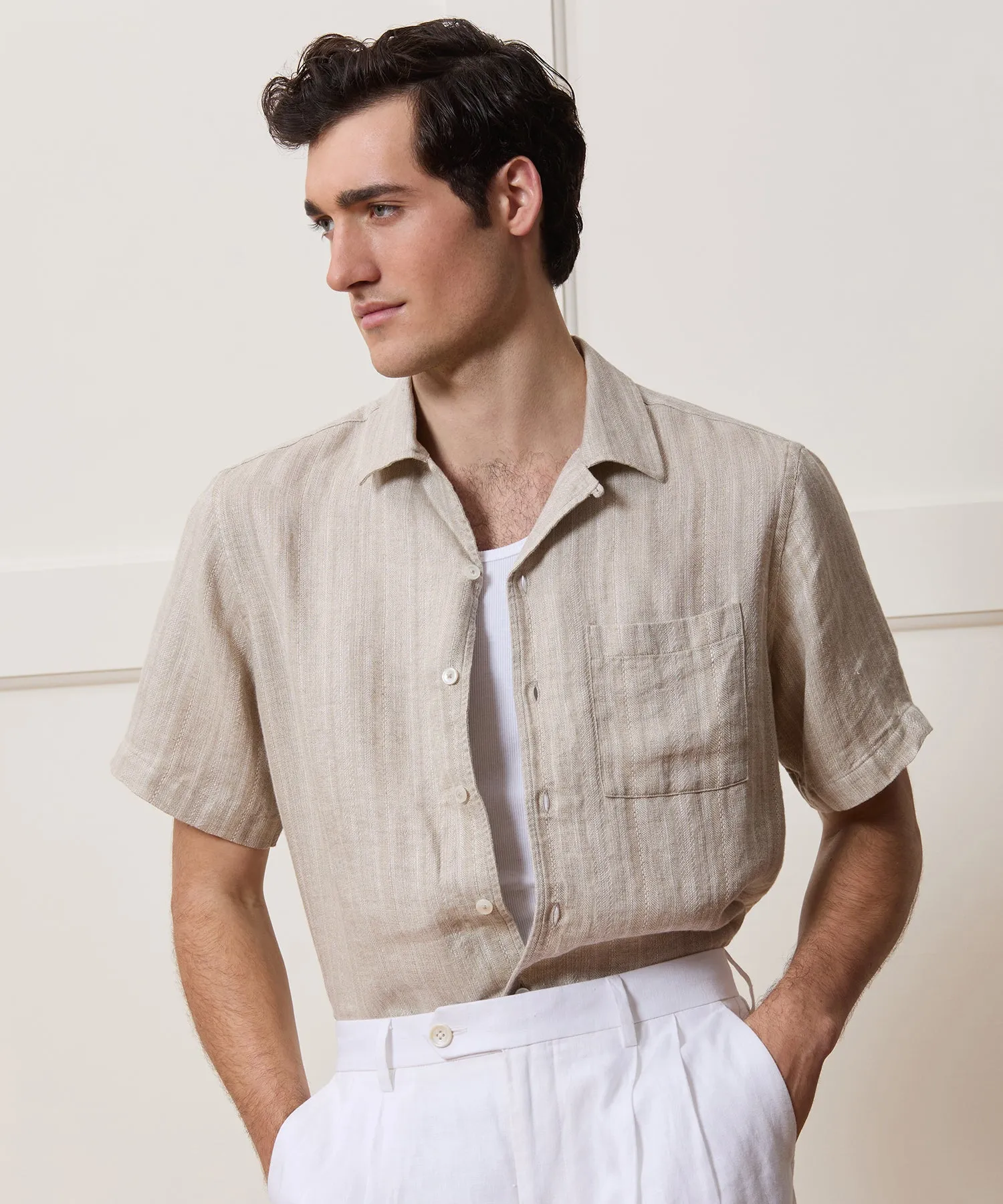 Textured Cropped Sea Soft Irish Linen Camp Collar Shirt sold by Todd Snyder product image thumbnail 2