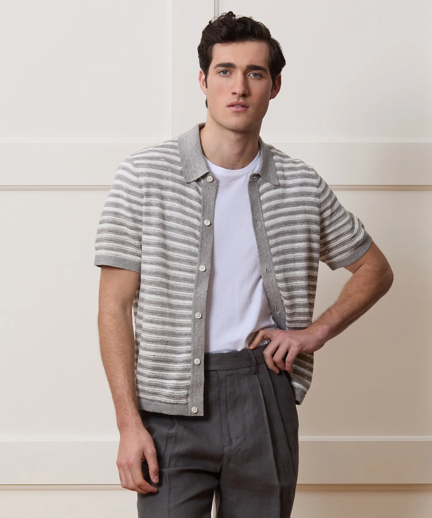 Cropped Pointelle Linen Sweater Polo sold by Todd Snyder product image thumbnail 2