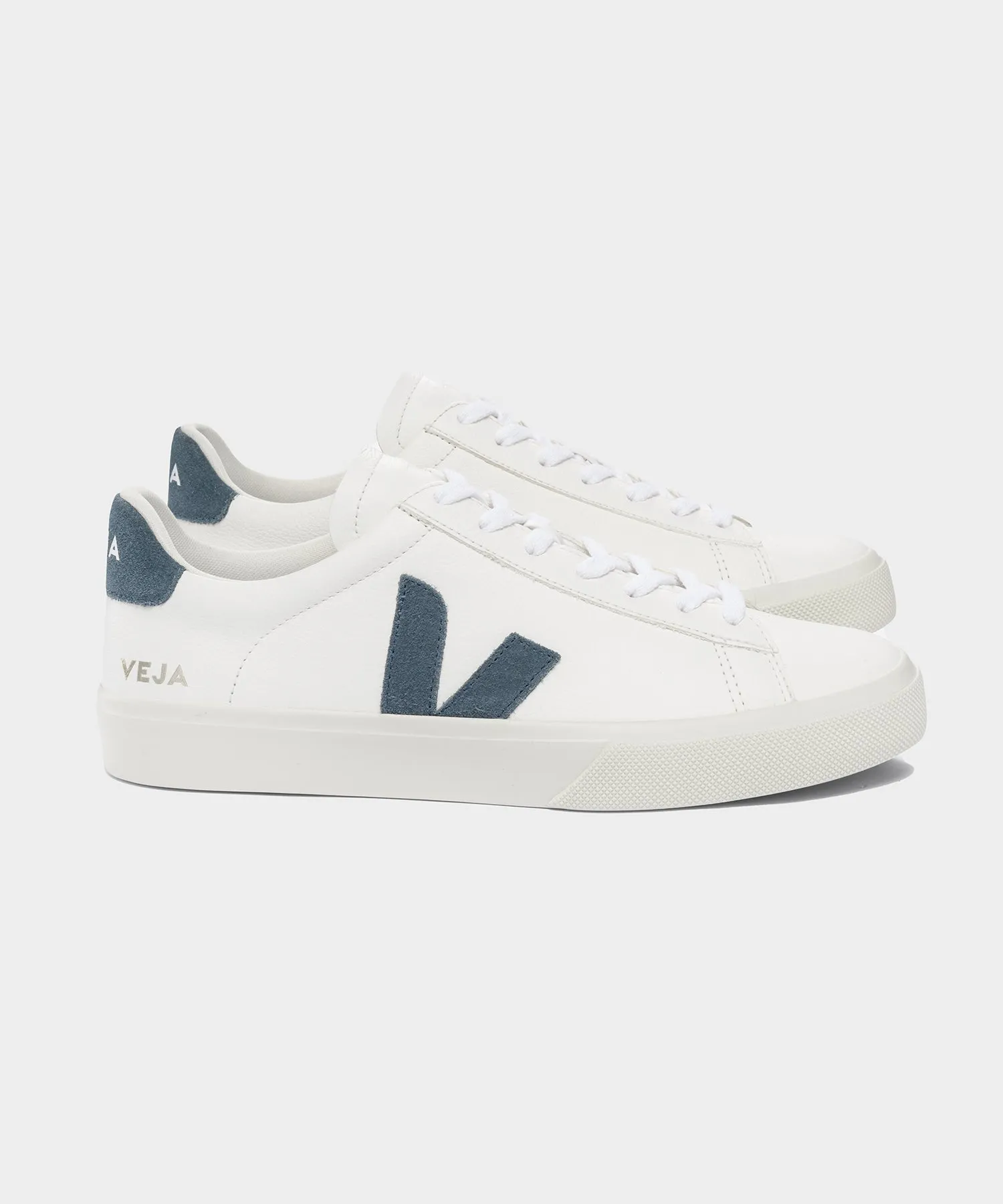 Veja Campo Low Top Leather Sneakers in White + California Blue sold by Todd Snyder