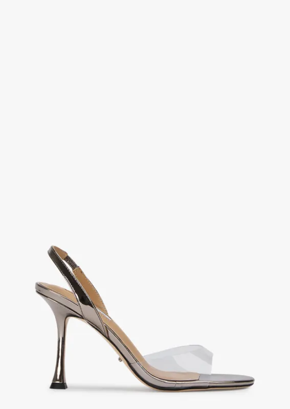 Lara Clear Vinylite/Gunmetal Shine sold by Tony Bianco