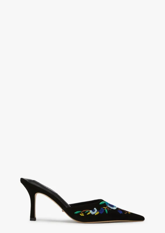 Spring Black Suede/Blue Floral Heels sold by Tony Bianco