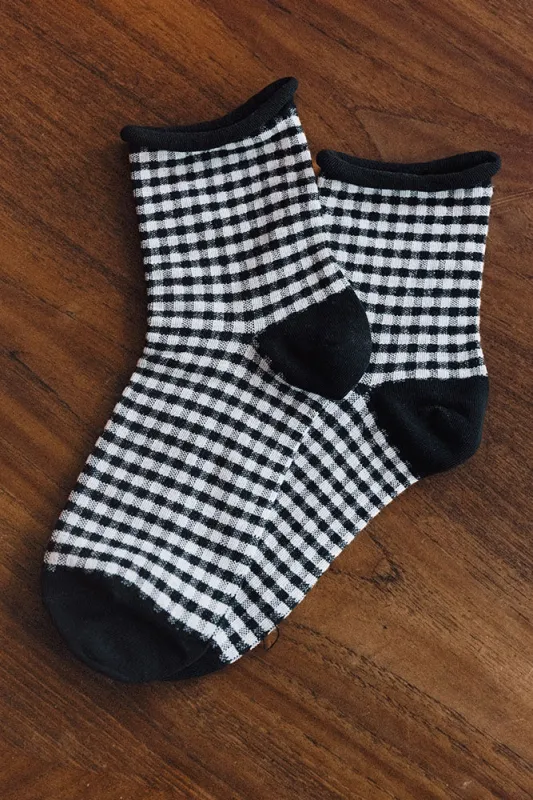 Cottage Crew Socks Black Gingham made by Tiepology