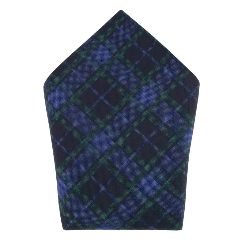 Ives Green and Navy Blackwatch Plaid Silk Pocket Square made by Trafalgar
