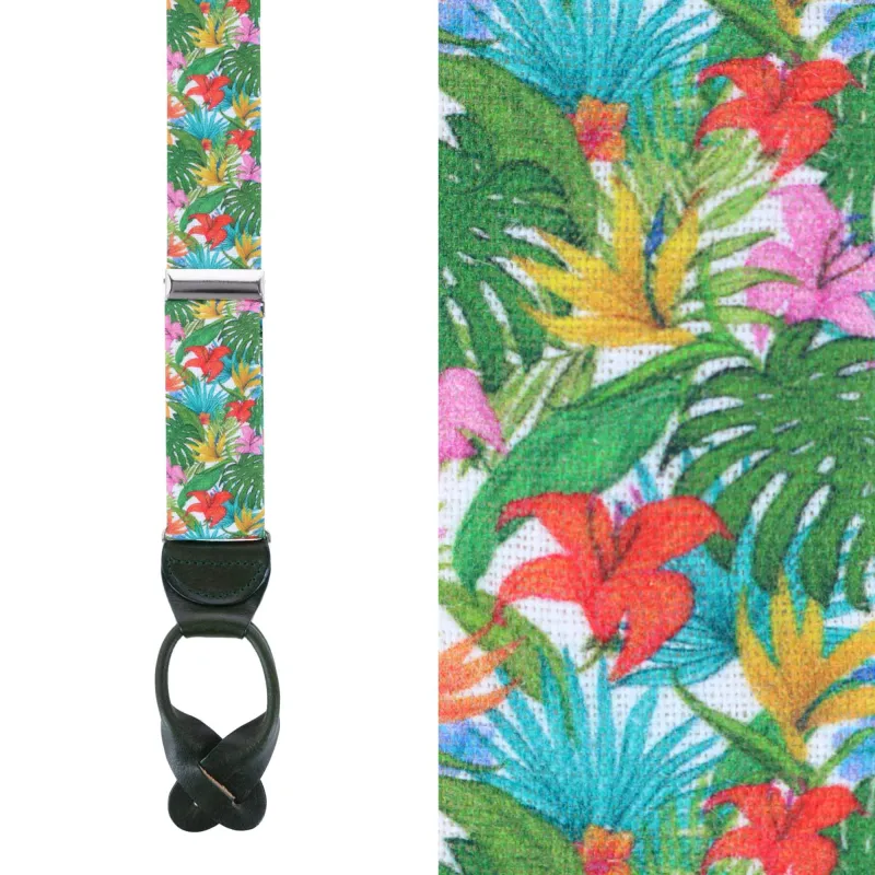 Tropical Hawaiian Getaway Linen Button End Braces made by Trafalgar
