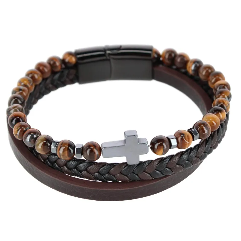 The Sovereign Cross Tri-Stranded Leather Bracelet made by Trafalgar