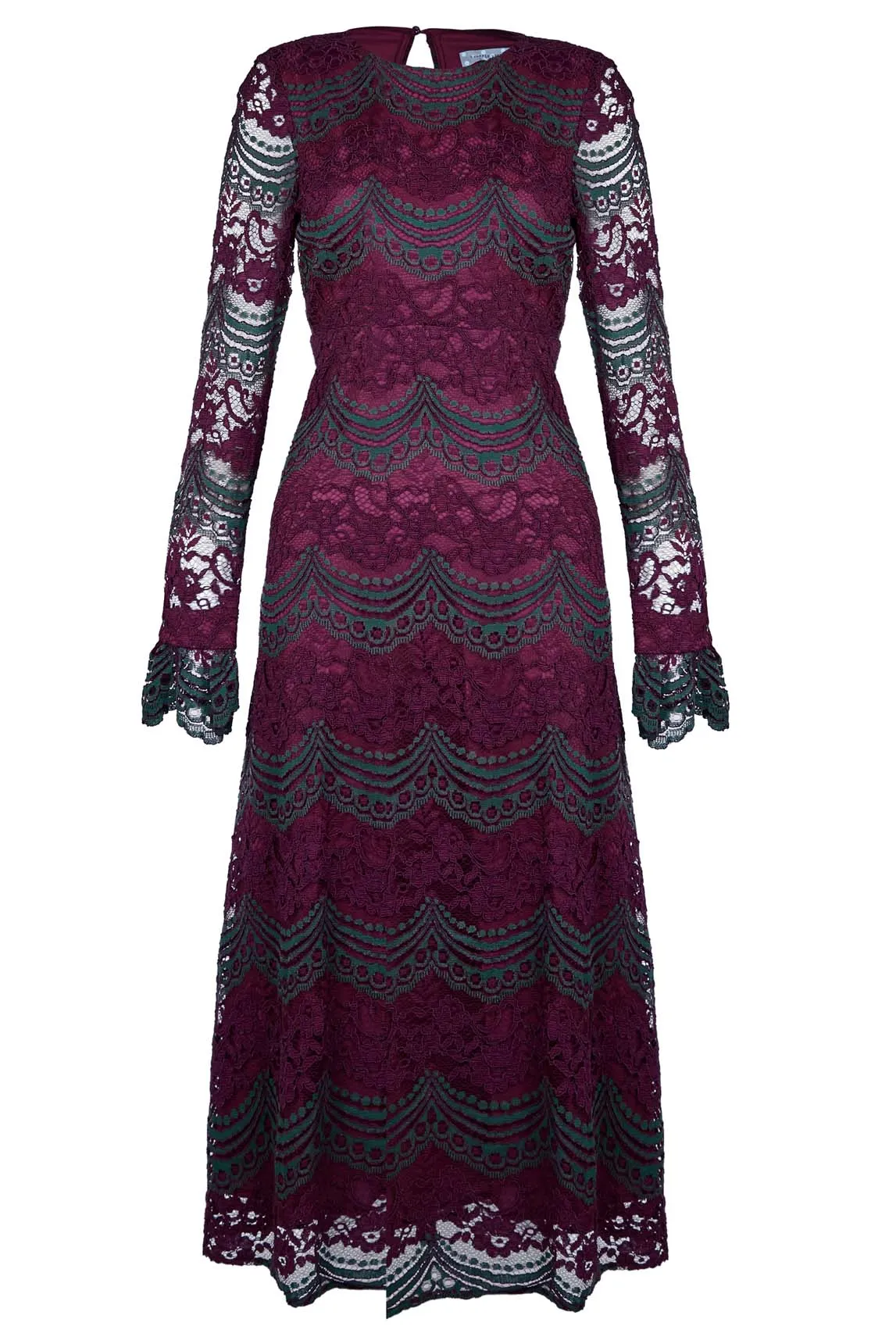 Bountiful Lace Long Sleeve Midi Dress in Maroon and Green sold by Traffic People