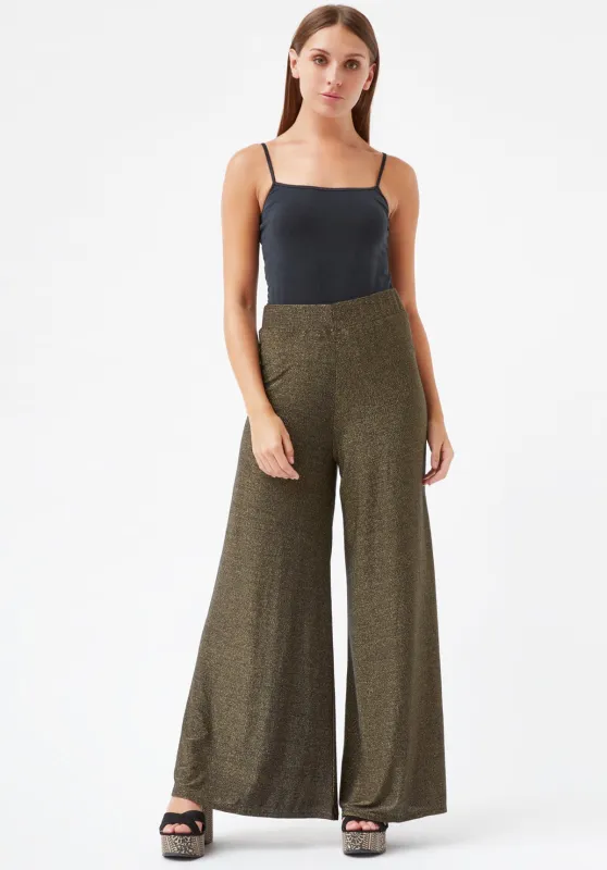 Lurex Glitter Jagger Flared Trousers in Black and Gold sold by Traffic People