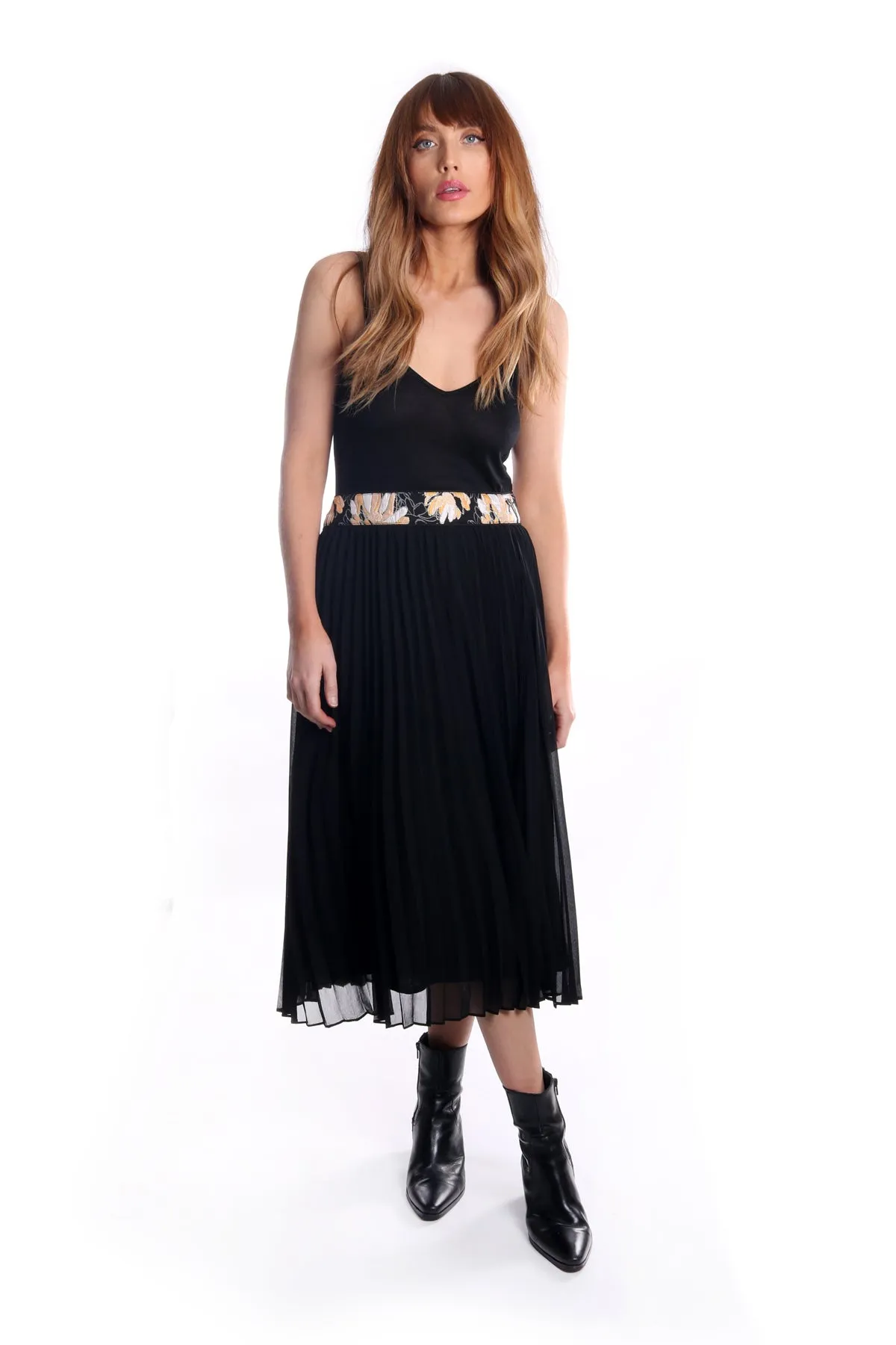 Felicity Floral Pleated Skirt in Black and Yellow sold by Traffic People