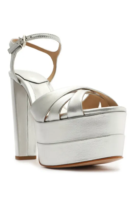 Schutz Keefa High Metallic Leather Platform Sandal sold by Trashy Diva
