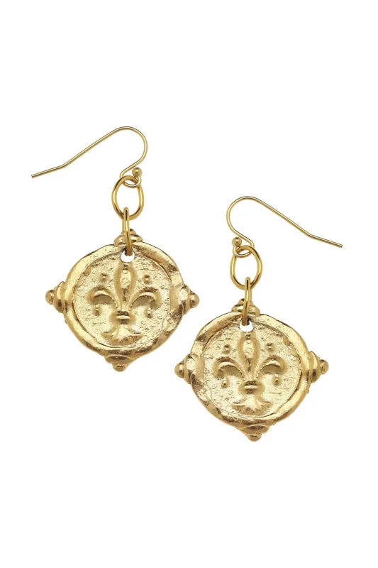 Susan Shaw Gold Fleur De Lis Intaglio Earrings sold by Trashy Diva